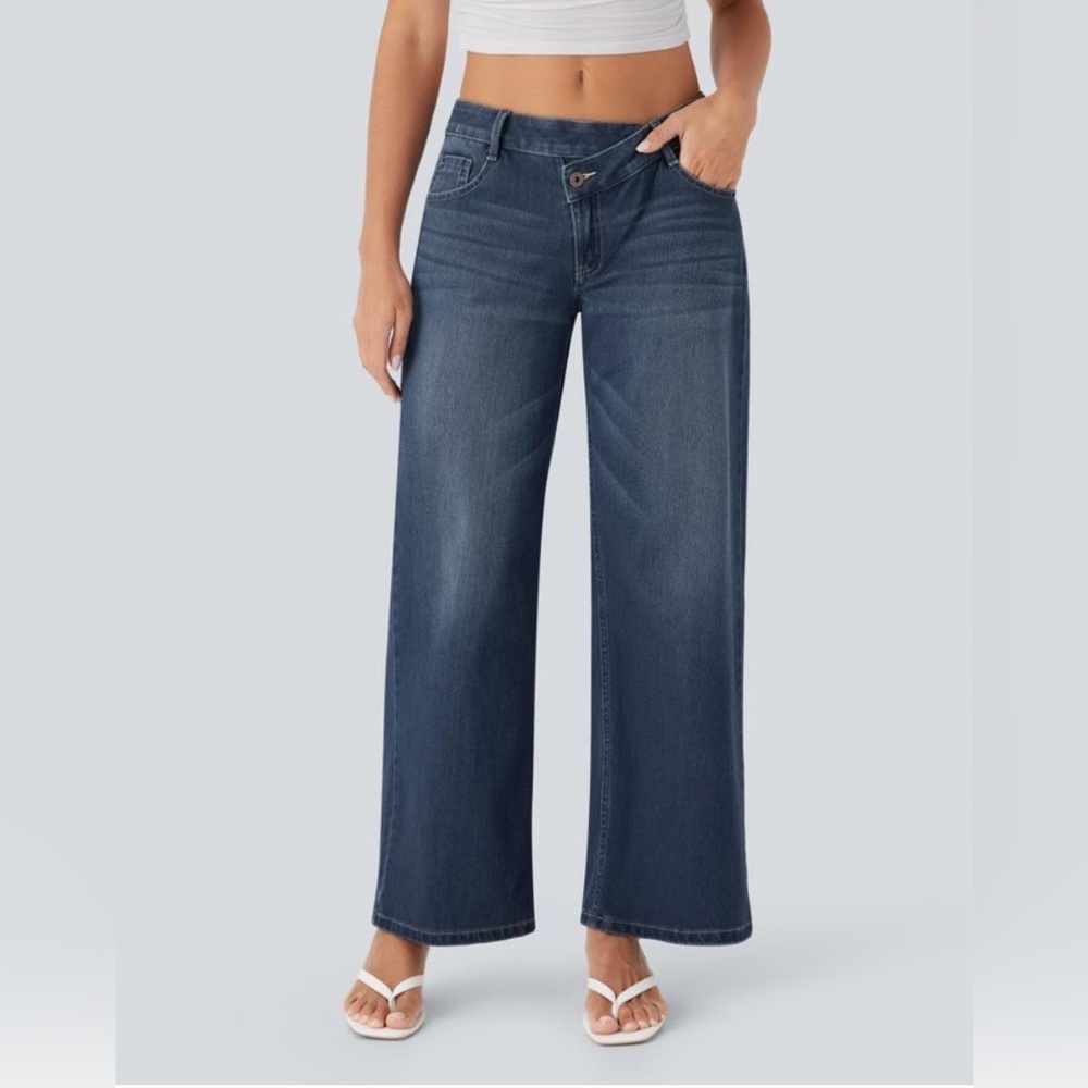 HALARA Asymmetric Dark Blue Stretch Denim Wide Leg Jeans Women’s XL Reg NWT - Picture 4 of 12